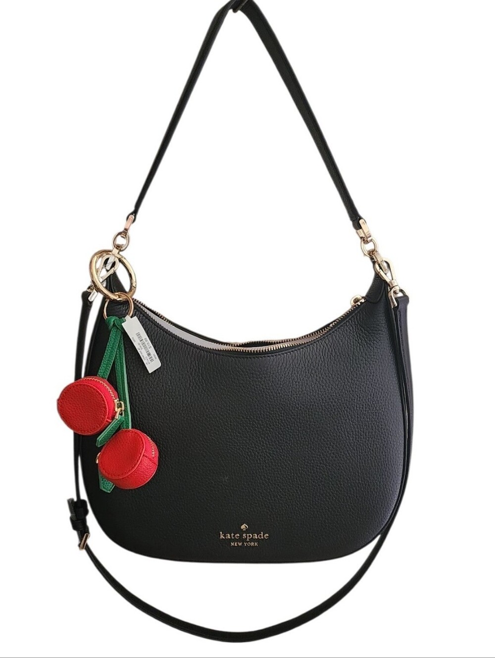 kate spade Black Leather KRISTIE Shoulder Bag with Red Cherry Charm